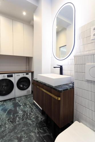 une salle de bain avec un lavabo et une machine à laver dans l'établissement Atelier Auteuil Luxury, à Paris