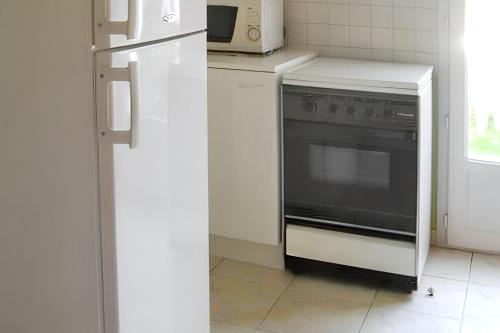 La cuisine est équipée d'un réfrigérateur blanc et d'un four micro-ondes. dans l'établissement Petite maison charmante à La Couarde-sur-Mer avec jardin clôturé, à La Couarde-sur-Mer