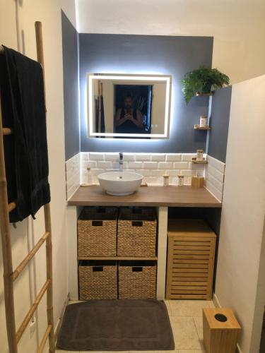 une salle de bain avec un lavabo et un miroir dans l'établissement Villa calme avec piscine privée nimes, à Nîmes