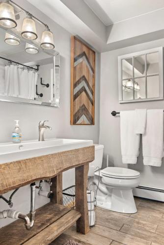 a bathroom with a sink and a toilet and a mirror at Belleayre Mountain House in Arkville