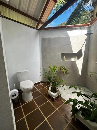 a bathroom with a toilet and plants in it at Pacific Waves Hostel & Surf in El Valle