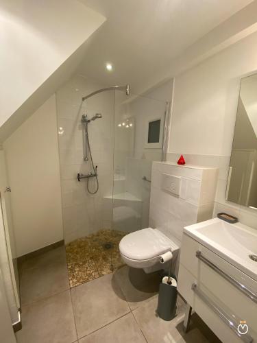 une salle de bain avec une douche, des toilettes et un lavabo dans l'établissement Maison Deauvillaise, à Deauville