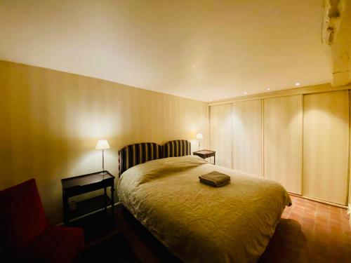 une chambre avec un lit et une chaise dans l'établissement Appartement Musée du Louvre Paris, à Paris