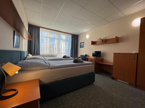 En eller flere senge i et værelse på Penzion Neptun