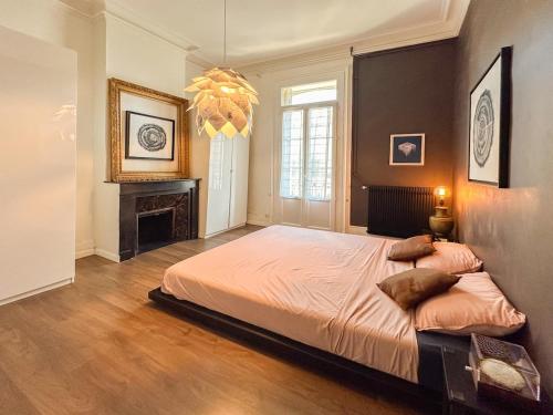 - une chambre avec un grand lit et une cheminée dans l'établissement Palma - charmant T3 dans le centre historique, à Montpellier