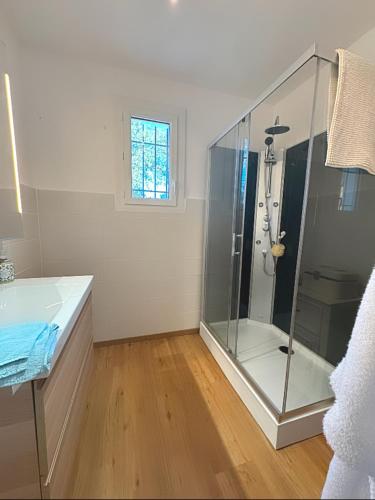 La salle de bains est pourvue d'une douche et d'une cabine de verre. dans l'établissement Le Mas Saint Jean les Mayons, à Les Mayons
