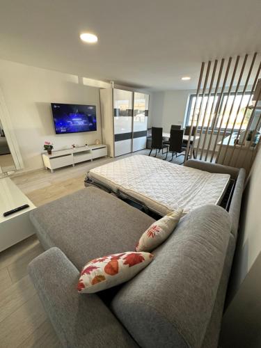 a bedroom with a bed and a couch and a tv at Moderne FerienWohnung NeuBau Merzig in Merzig