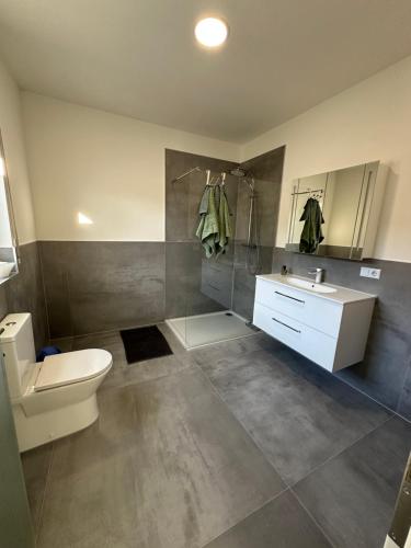 a bathroom with a toilet and a sink at Moderne FerienWohnung NeuBau Merzig in Merzig
