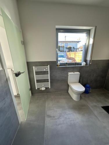a bathroom with a toilet and a window at Moderne FerienWohnung NeuBau Merzig in Merzig