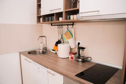 a kitchen counter with a sink and a stove at Blue Apartment in Sombor