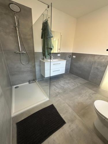 a bathroom with a shower and a toilet and a sink at Moderne FerienWohnung NeuBau Merzig in Merzig