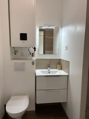 une salle de bain blanche avec des toilettes et un lavabo dans l'établissement Gîte à la campagne 3, à Cérans-Foulletourte