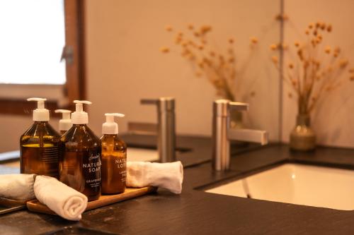 a bathroom counter with two bottles of soap and a sink at Sonnmatten Boutique Hotel & Apartments Zermatt in Zermatt