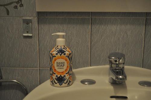 a bottle of hand soap sitting on top of a sink at Mountain Getaway Panoramic View in Gromo