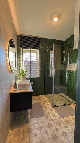a bathroom with a sink and a shower at W centrum uzdrowiska in Jedlina-Zdrój
