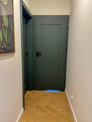 a hallway with a green door and a wooden floor at W centrum uzdrowiska in Jedlina-Zdrój