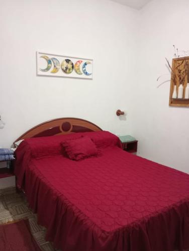a bedroom with a bed with a red comforter at SC Sunchales in Sunchales