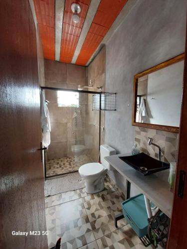 a bathroom with a shower and a toilet and a sink at Cantinho do Ipê Alto Caparaó MG in Caparaó Velho