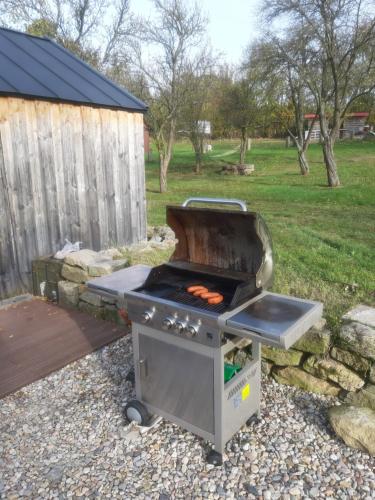 a barbecue grill in a yard with a fence at Penzion Only in Kunějov