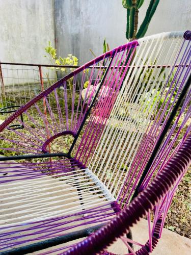 a purple park bench sitting in a garden at La casita in Tizimín