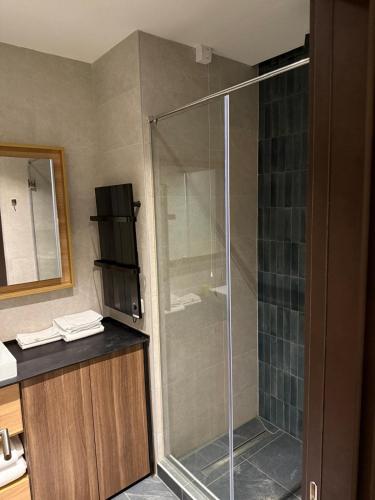 a shower with a glass door in a bathroom at Woodside AS family apartment in Raška