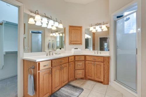 a bathroom with a double sink and a shower at Serene 50-Acre Nature Retreat Near Melissa and Anna in Blue Ridge