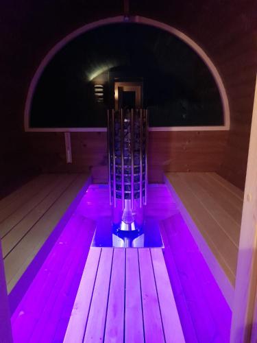 a swimming pool with purple lights in a room at Ferienhaus Pliescherhof in Turnau