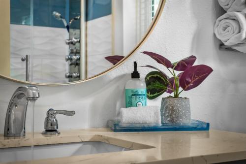 a bathroom sink with a mirror and a potted plant at Heated pool just 1.7 mi to beach The Ocean Pearl in Sarasota