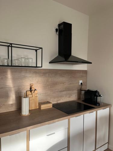 a kitchen with a sink and a counter top at Mieszkanie przy jeziorze w Ostródzie in Ostróda