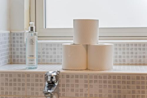 a sink with two rolls of toilet paper and a bottle of soap at Desi Suite, Free Parking, Balcony in Leicester