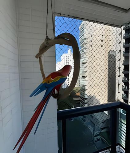 a statue of a bird and an umbrella at Paraíso com piscina: Pitangueiras Lazer Completo in Guarujá