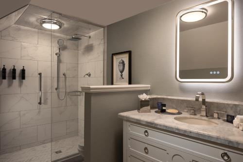 a bathroom with a shower and a sink and a mirror at Hotel Roanoke & Conference Center, Curio Collection by Hilton in Roanoke