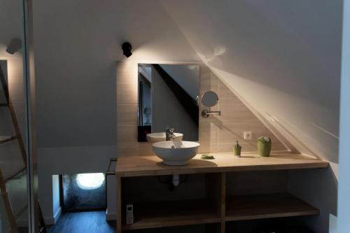 a bathroom with a sink and a mirror at Gîte de France Belleviste 3 épis - Gîte de France 10 personnes MAE-1521 in Queyssac-les-Vignes