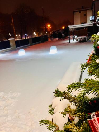 an ice rink with a christmas tree in the foreground at Apartament Muszyna in Muszyna