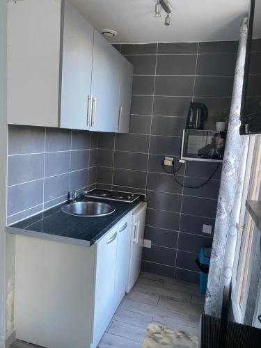 a small kitchen with white cabinets and a sink at Studio charmant centre d Aubervilliers in Aubervilliers