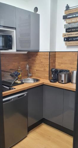 une cuisine avec un évier et un micro-ondes dans l'établissement Studio climatisé Place de Jaude Garage balcon tv wifi, à Clermont-Ferrand
