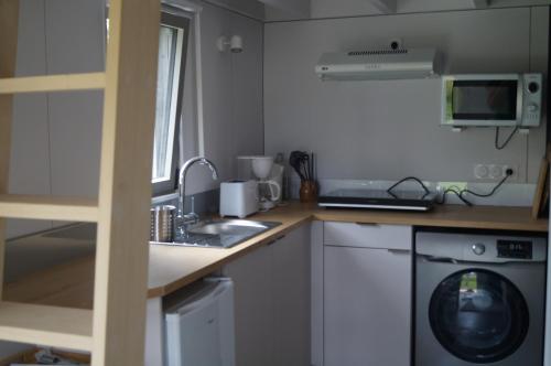 une cuisine avec un évier et une machine à laver dans l'établissement MORGREVE Ty Pic, à La Vicomté-sur-Rance
