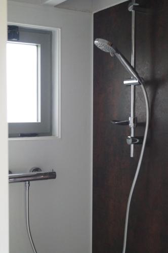 La salle de bains est pourvue d'une douche et d'une fenêtre. dans l'établissement MORGREVE Ty Pic, à La Vicomté-sur-Rance