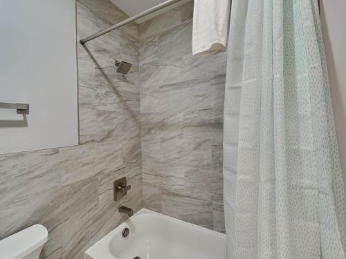 a bathroom with a shower and a white sink at Majestic Manor in McHenry