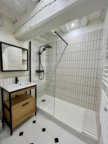 une salle de bain avec douche et lavabo dans l'établissement l'Hibiscus, à Rouen