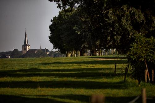 a church in the middle of a field with trees at Boutique Suite Hotel Bolt21 Maastricht in Berg en Terblijt