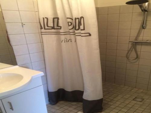 cortina de ducha en el baño con lavamanos en Duinroos Home with Terrace, en Breskens