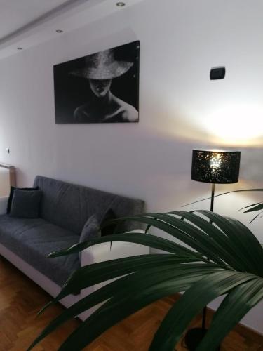 a living room with a couch and a picture of a woman at Il Melangolo in Tivoli