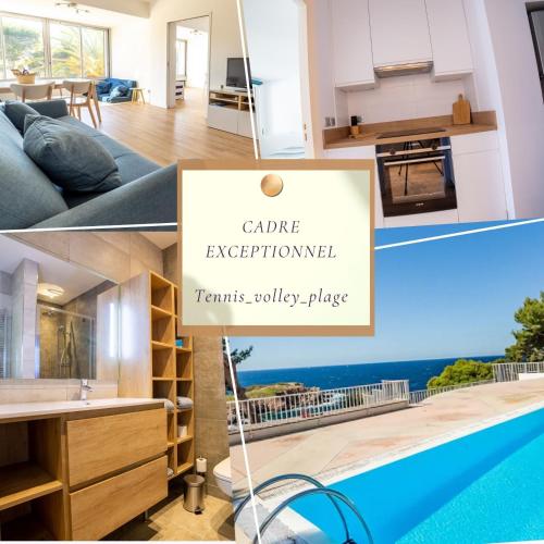 un collage de photos d'un salon et d'une maison dans l'établissement Cadre exceptionnel - Appt Classé 3 entièrement climatisé - Mer-piscine-tennis, à Bandol