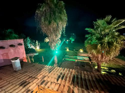 a night view of a swimming pool with palm trees at Rancho Recanto da Serra in Delfinópolis