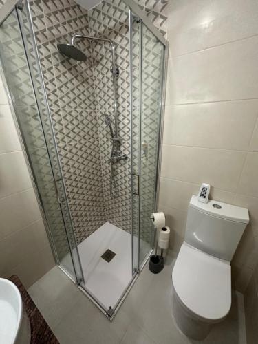a bathroom with a shower with a toilet and a sink at Figuras Mágicas in Trancoso