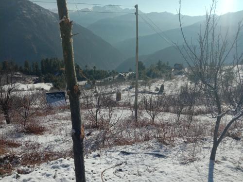 a snow covered hill with trees and mountains in the background at Hima 360 Vistaview Mountain Cabin, Bhatkanda in Sainj