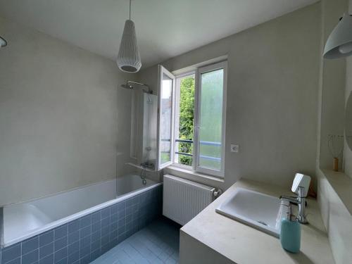 a bathroom with a sink and a tub and a window at Maison cosy et moderne aux portes de Paris in Saint-Maur-des-Fossés