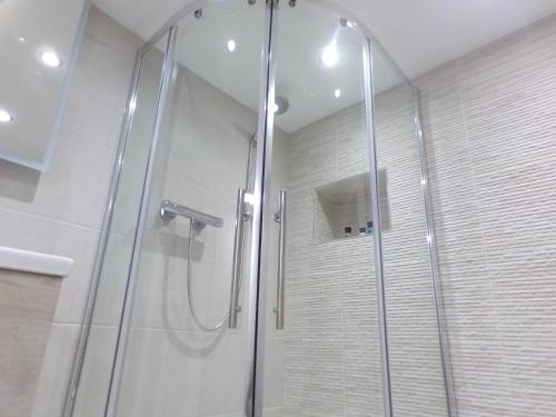 a shower with a glass door in a bathroom at 3TheDome - Luxury Ground Floor Apartment opposite the Beach, Barton on Sea in Barton on Sea