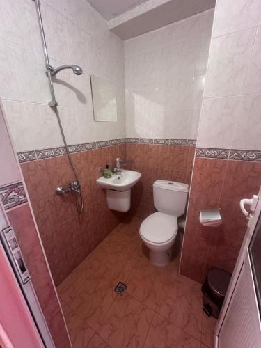 a bathroom with a toilet and a shower and a sink at Hotel MERIDA in Blagoevgrad